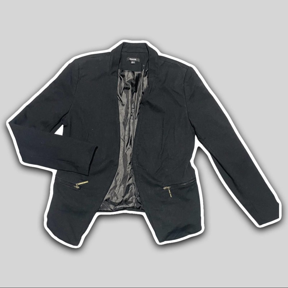 Premise black open unstructured blazer jacket gold zipper pockets Size 4